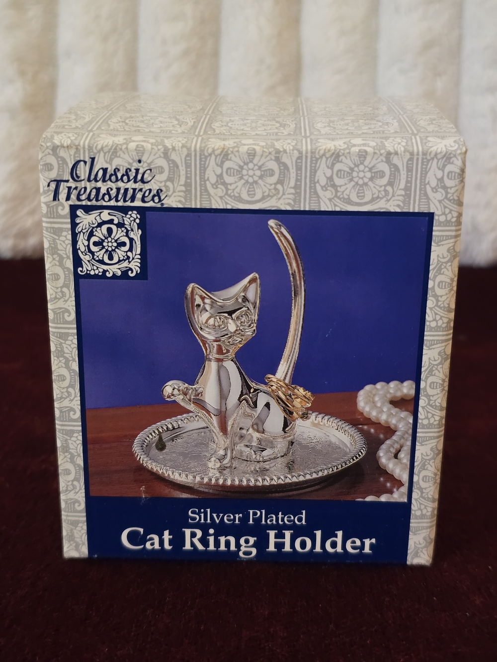 Vintage Classic Treasures Silver Plated Cat Ring Holder Dish NIB Model WFSLP003